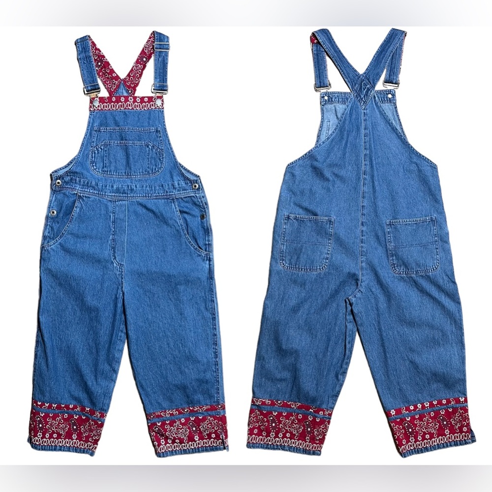 Agapo Vintage Red Bandanna Cropped Denim Overalls Sz S